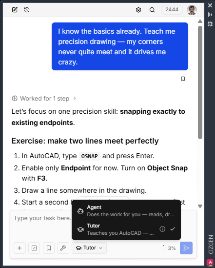 The Cizgen panel in Tutor mode: the tutor assigns a 'make two lines meet perfectly' snapping exercise, with the Agent/Tutor mode selector open under the message box.